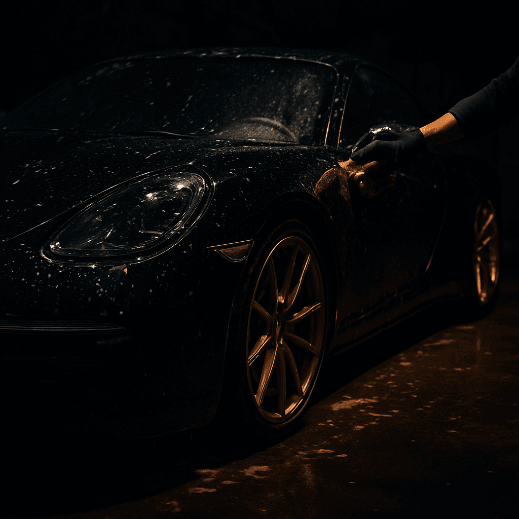 Glossy black luxury car freshly detailed at night